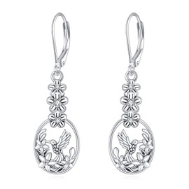 SDOPIR Hummingbird Leverback Earrings for Women Sterling Silver Boho Hummingbird Dangle Earrings Sterling Silver Memorial Cute Bird Flower Jewelry Christmas Day Gifts