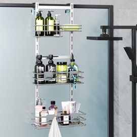 Orimade Over The Door Shower Caddy Adjustable 3 Tier Silver,Bathroom Hanging Organizer Shelf Rustproof with 4 Hooks,Shower Basket with Soap Holder and Suction Cup