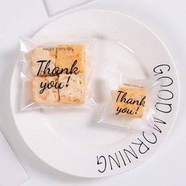 ZJSXINDI 100 Pcs Self Adhesive Cookie Bags, with Thank You sign,Searik White Polka Dot Plastic Pastry Bags for Giving Bakery Candy Cookie Chocolate (4 x 4 Inches, 100 Pcs)