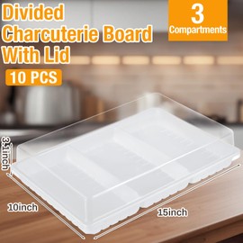 Shellwei 10 Pack Extra Large Divided Charcuterie Board with Lid Travel Catering Serving Trays 15 x 10 Inch Reusable Plastic Tiramisu Trays Serving Platter for Picnic Party (White)