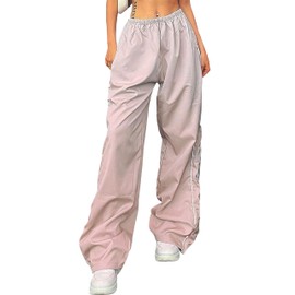 Shebote Womens Parachute Pants Wide Leg Baggy Pants Y2K Elastic Waist Jogger Sweatpants Track Pants Streetwear(0046-Pink-S)