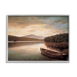 Stupell Industries Lakeside Canoe Cloudy Sky Mountain Forest Landscape Grey Framed Wall Art, 20 x 16, Tan