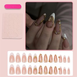 24Pcs Almond Press on Nails Medium French Tip Fake Nails with Gold Line Designs Nude Pink Full Cover Stick on Nails Butterfly Rhinestones False Nails Artificial Nail Tips Glue on Nails for Women Girls