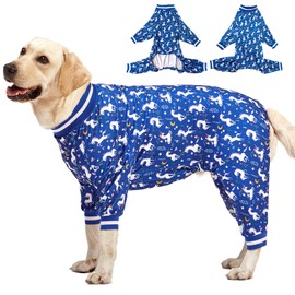 LovinPet Large Dog PJS Clothes: Wound Care/Post Surgery Dog Shirt, Lightweight Stretchy Knit Dog Pajamas, Mermaids & Unicorns Blue and White Print, Large Dog Jammies, Pet PJ's/XL