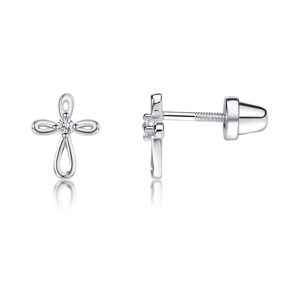 Girl's Sterling Silver Infinity Cross Earring with CZ and Screw