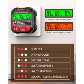 Outlet Tester Electrical GFCI Receptacle Detector with LCD Display, 90-250V Power Socket Tester, Circuit Polarity Voltage Detector, Plug Tester Breaker Finder 6 Visual Indication CAT II 300V (US Plug)