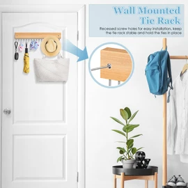 Tie Rack Belt Hanger Wall Mounted, Lomrsiul Non Slip 180 Degree Rotating Organizer for Closet with 18 Hooks for Necklace Purse Scarf Natural 1 Pack