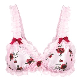 Satini Sissy Frilly Lace Fitted Satin Bralette (Baby Pink - Red Roses, M)