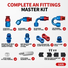 BRIFITOR 6AN PTFE Hose End Fittings Kit 0/45/90/180 Degree Fittings with Anti-Leak AN6 Male Fittings Adapters, AN Wrench Protectors & PTFE Hose Assembly Tool For E85 Fuel Line, Red & Blue