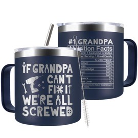 CUPLOOV Funny Grandpa Gifts for Fathers Day, 14 Oz Tumbler Mug with Lid & Straw, Birthday Gift for Grandfather from Granddaughter and Grandson, If Grandpa Can't Fix It We're All Screwed Mug, Navy Blue