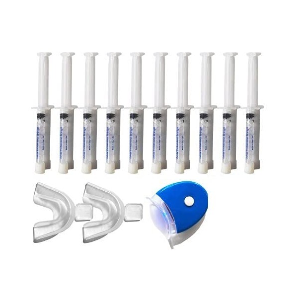 White Teeth Global Branded (TM) 35% Carbamide Peroxide 10 Syringes (10cc) Teeth Whitening Gel - (1) LED Accelerator Light - (2) Trays - (1) Mouth Tray Case - (1) Shade Guide - (1) Instructions Sheet