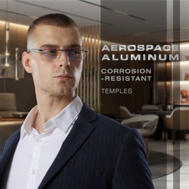 Missfive Premium Aluminum Progressive Multifocus Reading Glasses Men Blue Light Blocking, No-Line Spring Hinge Rimless Office Multifocal Metal Readers, Workspace for Near Range, +3.0, Sapphire