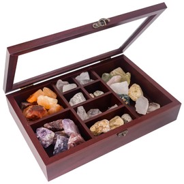 GMFrames Rock Display Case Wood Crystal Collection Box with Shelves Witchy Organizer Showcase for Stones Display Gem Holder Storage Box for Seashell Collectibles Wiccan Gift Brown