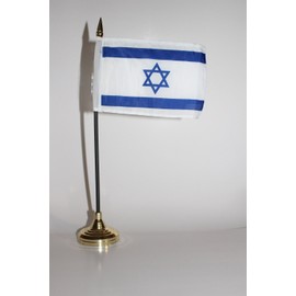 Israel Star Of David Jewish 4"x6" Miniature Flag Desk Set with Gold Base