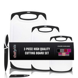 CHEF GRIDS Durable Plastic Cutting Board Set, Chopping Board Thick Plastic, for Vegetable Meat or Cheese with Non-Slip Feet and Handles with Juice Groove | Dishwasher Safe (3 Piece Set, Black)