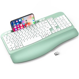 EAYBLLY Ergonomic Wireless Keyboard with Cushioned Wrist Rest, Wave Keys, Phone Holder, Comfortable Natural Typing, 2.4GHz Full Size Silent Cordless USB Computer Keyboard for Laptop, Mac, Windows (Mint Green)