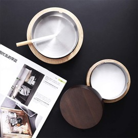 Ashtray With Lid, VViN Ashtray Weed, Windproof Cool Ashtray for Indoor or Outdoor Use, Wooden + Stainless Steel Liner Ashtray for Home Office Garden Decoration - Portable