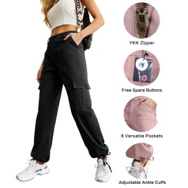 Women's Casual Mid Waist Cargo Pans Stretch Wide Leg Pants with Pockets Black