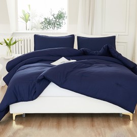 Litanika Navy Blue Comforter Set Full Size, 3 Pieces Boys Men Lightweight Solid Bedding Comforter Set, All Season Fluffy Down Alternative Bed Set (79x90In Comforter & 2 Pillowcases)