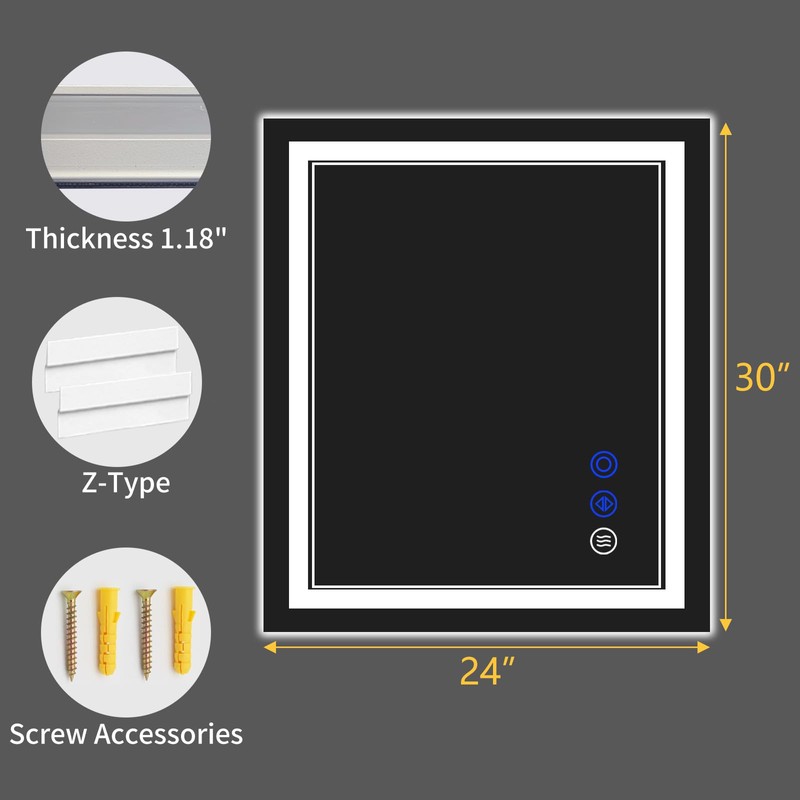 InfiniGlass 30"x24" LED Bathroom Mirror with Anti-Fog, Stepless Dimmable Lights,