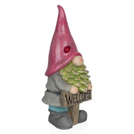 Alpine Corporation 19" Tall Outdoor Red Hat Holding “Welcome” Sign Gnome Statue, Stylish Weatherproof Garden Decor