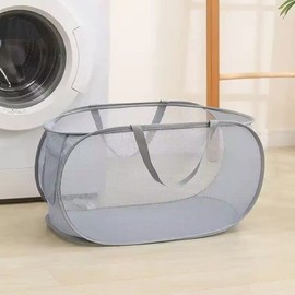 Durable Collapsible Laundry Baskets, Mesh Pop Up Laundry Hamper with Side Pocket, Foldable Clothes Storage Hamper with Reinforced Carry Handles for Laundry, Bathroom, Kids Room, Dorm or Travel (Grey)