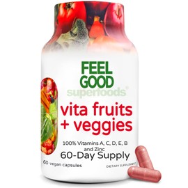 FeelGood Superfoods Vita Fruits and Veggies Capsules - 25 Superfood Ingredients, Fruit and Vegetable Multivitamin, 60 Count - For men and women - Vitamins A, C, D, E, B and Zinc