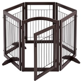 Topeakmart Extra Wide Pet Gate 6 Panels Freestanding Dog Gate for Doorway Stairs Dog Fence with 3 Support Feet, Espresso