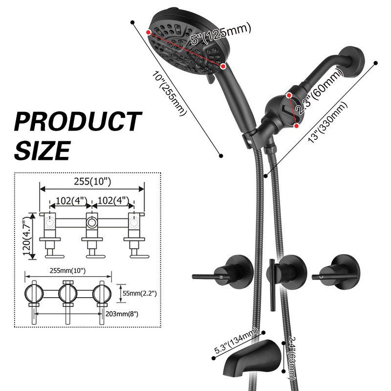 SUBEIXI 3 Handle Tub Shower Faucet Shower Head Holder with
