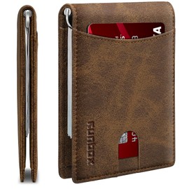 RUNBOX Genuine Leather Slim Wallet for Men RFID Blocking Bifold Minimalist Front Pocket Mens Wallet with Money Clip Thin Gift Box