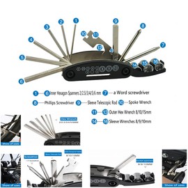Quixotical Bicycle Tool Kit, 16 in 1 Bicycle Repair Tool Set, with Tyre Lever, Glue-Free Tyre Patches, Hex Wrench, Tyre Rasp, Portable Bag, for Mountain Bike Emergencies
