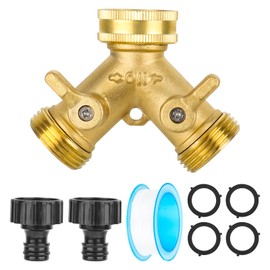 2 Way Brass Garden Tap Splitter, Hose Splitter Double Way 3/4" Hose Connector Tap, Y Splitter Hose Connector with Individual On/Off and 2 Quick Connector, Tap Distributor for Outdoor and Garden Hoses