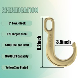 AODESTINY 2PCS 8" Heavy Duty J Hooks for Towing, Yellow Zinc Plated Tow J Hook Grade 70 Clevis J Hook for Transport Chain, 5400LBS Capacity Heavy Load