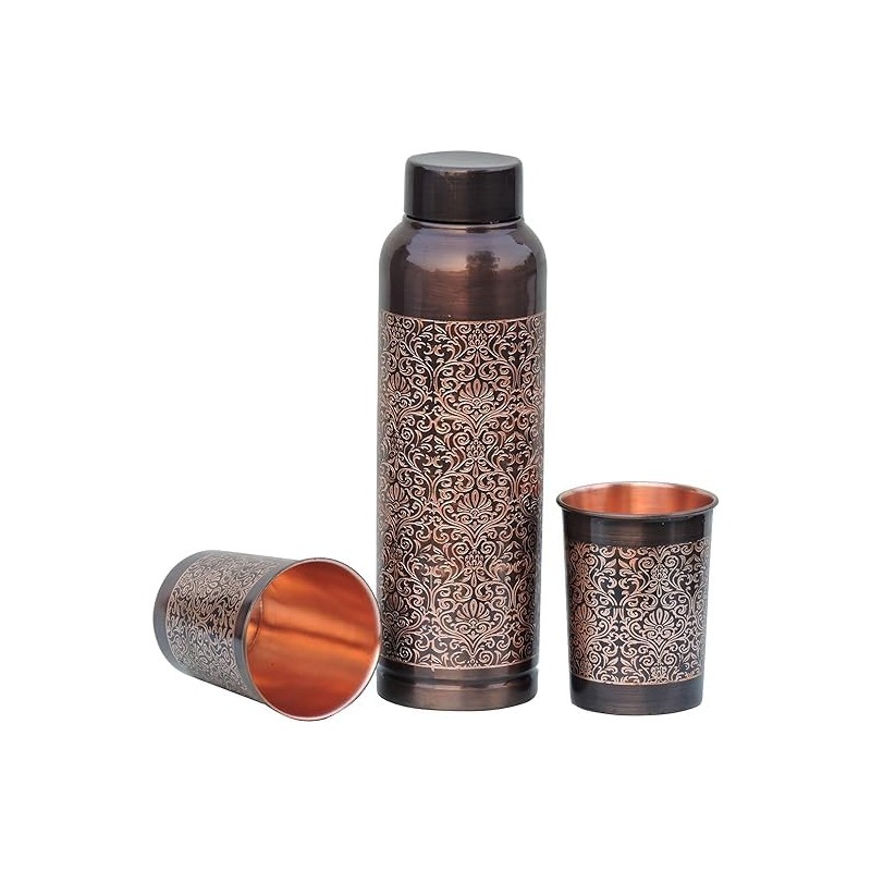 ANCIENTIMPEX Pure Copper Water Bottle with 2 Tumblers Set, Beautiful
