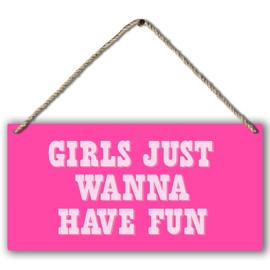 Hot Pink Preppy Girls Just Wanna Have Fun Printed Wood Plaque Sign Wall Hanging,Trendy Preppy Hanging Wall Signs for Girls Room College Dorm Bachelorette Party Decor 12 x 6 Inches