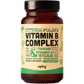 sapling Vegan Vitamin B Complex - Whole Food Blend with Essential B Vitamins B1, B2, B3, B5, B6, B7, Folate, B12-60 Caps