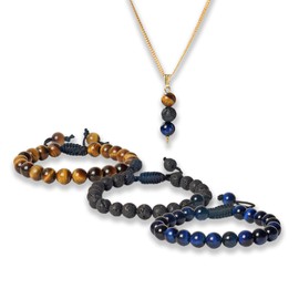Blue Tiger Eye, Lava And Yellow Tiger Eye combo set With Matching beaded Pendant necklace- Natural Stones jewlery set handcrafted with 8 mm Beads, For Wellnessand balancing Spiritual Energy Free Size