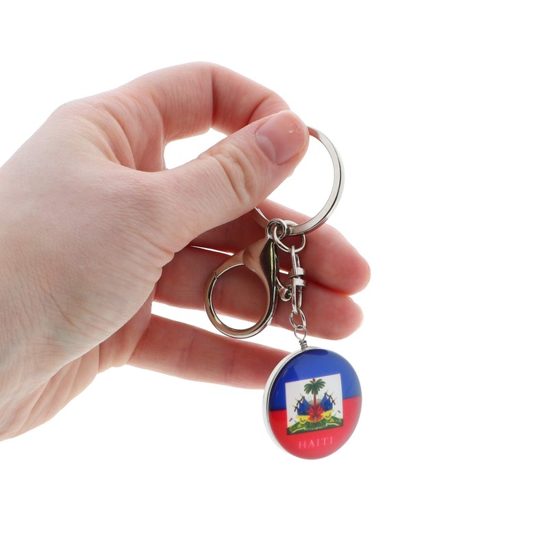 SandT Collection Haiti Round Glass Flag Keyring Keychain