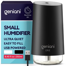 GENIANI Portable Small Cool Mist Humidifier – USB Powered (Not Rechargeable), Compact Desktop Humidifier for Plants, Office, Baby Room – Auto Shut Off & Night Light – Black, 0.25L