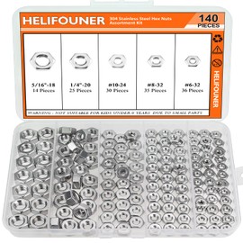 #6-32#8-32#10-24 1/4"-20 5/16"-18 Stainless Assorted Hex Nuts Set for Screws Bolts, HELIFOUNER 140 Pieces 5 Sizes Metric Hex Nuts Assortment Kit