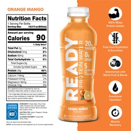Ready® Protein Water – 20g Whey Protein Isolate, Zero Sugar, Low-Calorie Sports Drink for Hydration & Recovery – Electrolytes, Essential Amino Acids – Orange Mango, 16.9 fl oz Bottles (12-Pack)