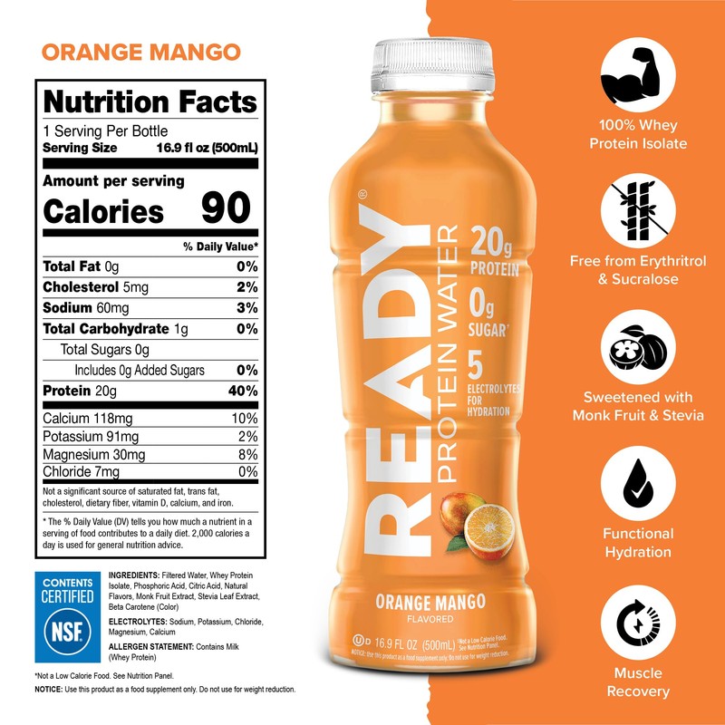 Ready® Protein Water – 20g Whey Protein Isolate, Zero Sugar,