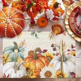 Fall Placemats Set of 4 Thanksgiving Pumpkin Table Mats, Farmhouse Thanksgiving Sunflower Seasonal Holiday Outdoor Dining Table Place Mats for Home Party Decoration(Orange Green, 13"x19")