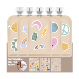 Cherub Baby Customised On The Go Reusable Non-Spill Anti-Leak Baby Food Storage 150ml - Baby Food Yoghurt Pouches Sticker Set (5 Pack) - Retro Rainbow