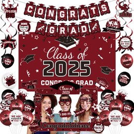 Maroon Congrats Grad Banner Class of 2025 Decorations Graduation Decorations 2025 Grad Party Decorations 2025 Graduation Balloons Backdrop Hanging Swirls Photo Props