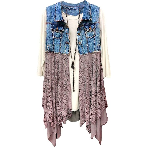 FindThy Women’s Denim Vest Sleeveless Ripped Draped Patchwork Cardigan Jean