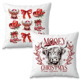 Fuasei Western Cow Christmas Pillow Covers 18x18, Western Christmas Decor, Christmas Red Bow Cowgirl Pillow Covers for Couch Bed, Country Western Decor, Christmas Living Room Bedroom Decor, Set of 2
