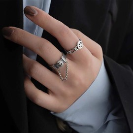 Aimimier Gothic S925 Knuckle Rings Set 2Pcs Smiley Finger Ring with Chain Tassel Half Open Midi Ring for Women or Men