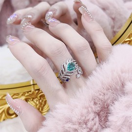IMINI Elegant Peacock Feather Wrap Open Ring for Women Girls CZ Crystal Emerald Diamond Eternity Statement Ring Engagement Promise Rings Expandable Finger Band Luxury Jewelry Gifts for Mother's Day