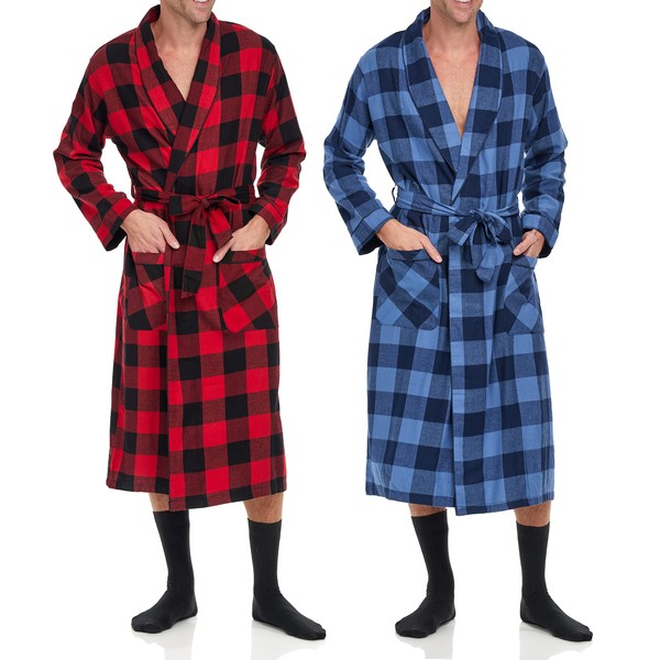 Andrew Scott Mens 2 Pack Long Sleep -Sauna Robe / 100% Cotton Flannel Brush Warm Bathrobe (2 Pack-Assorted Plaids, Large/X-Large)